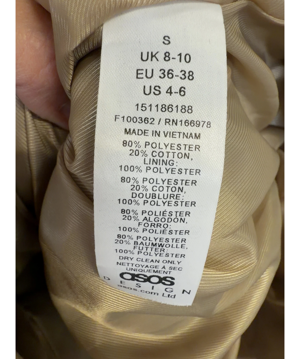 ASOS Beige Colour, size UK S — label
