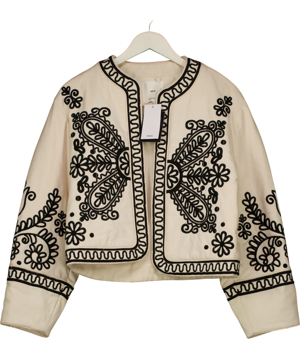 MANGO Cream folk-embroidered open jacket, size UK M — front