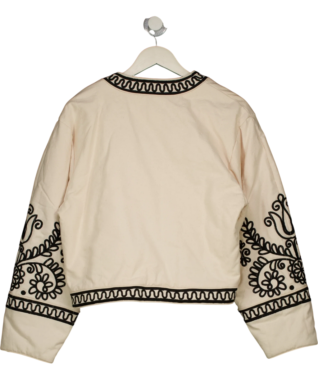 MANGO Cream folk-embroidered open jacket, size UK M — back