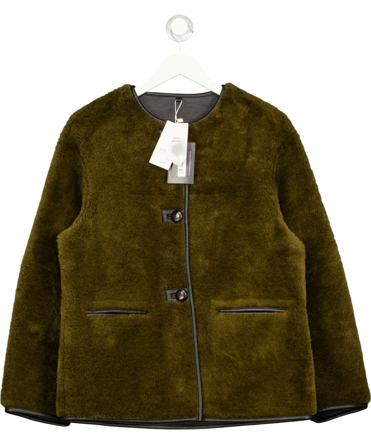 MANGO olive green Faux-Fur Coat with Appliqués, size UK S — front