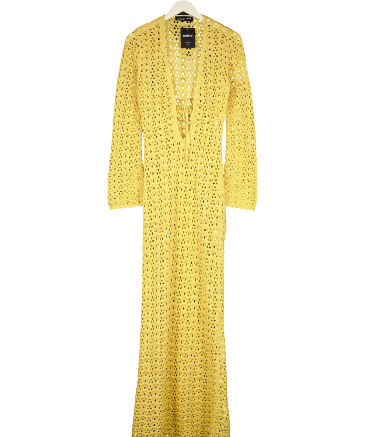 Noughts & Kisses Yellow ADDISON Yellow Crochet Maxi Dress, size UK S — front