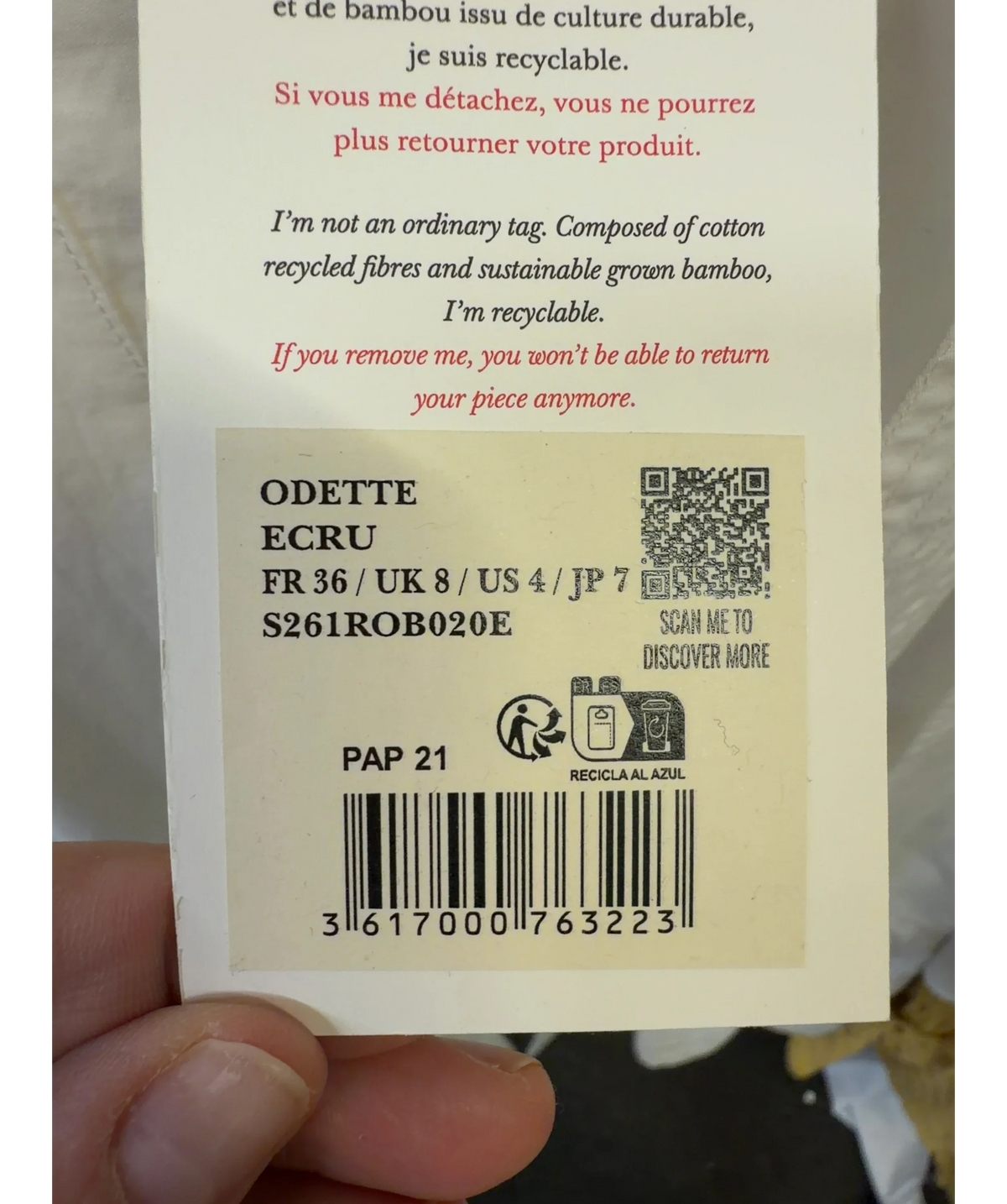 SÉZANE Cream Odette Dress, size UK 8 — label