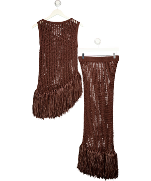 ASOS Knitted Asymmetrical Fringe Top And Skirt Co-ord Brown UK S