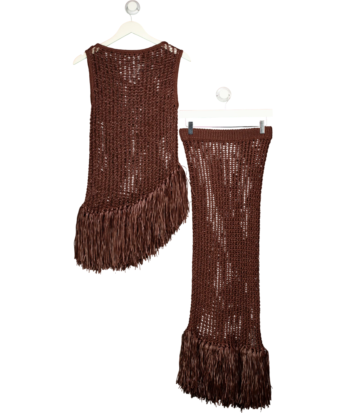 ASOS Brown knitted asymmetrical fringe top and skirt co-ord, size UK S — front