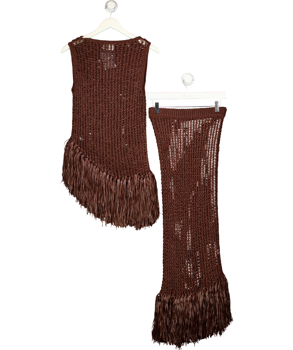 ASOS Brown knitted asymmetrical fringe top and skirt co-ord, size UK S — back