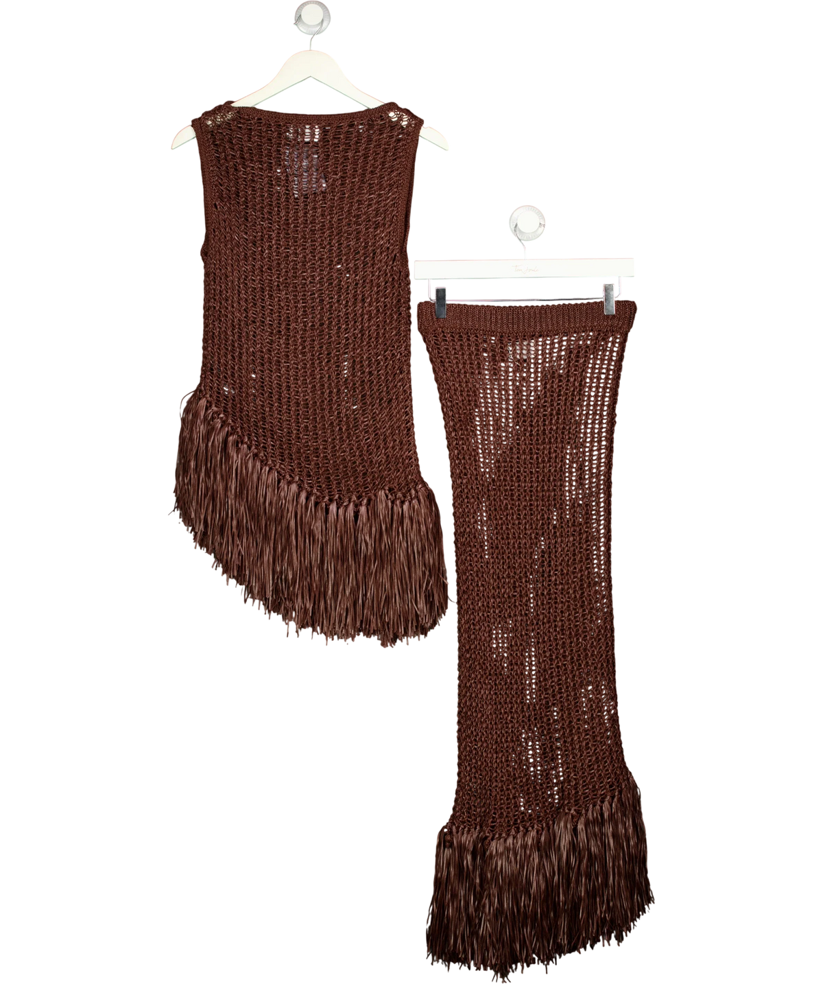 ASOS Brown knitted asymmetrical fringe top and skirt co-ord, size UK S — back
