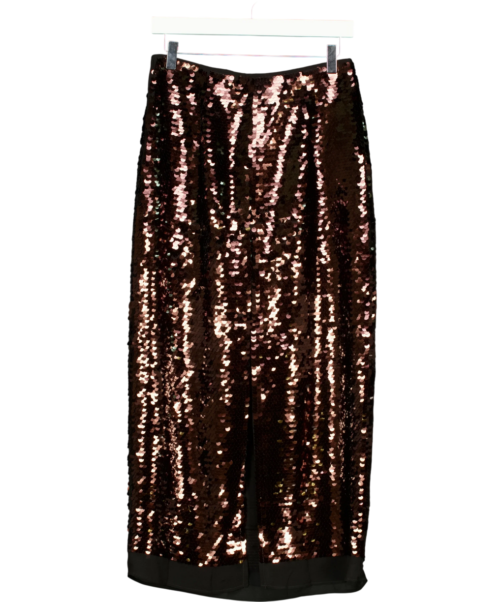 ZARA Brown high-waist sequinned midi skirt, size UK S — back