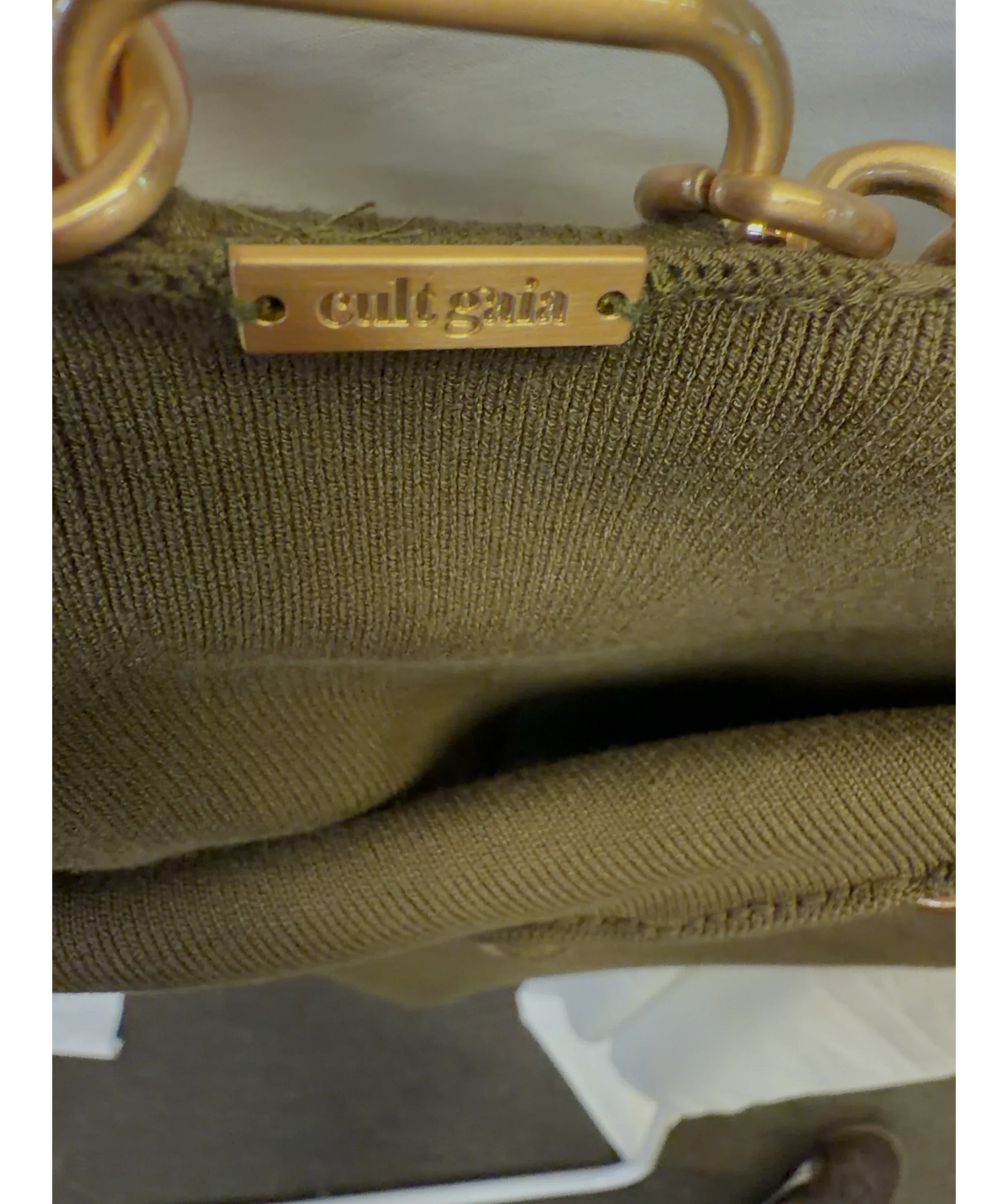 Cult Gaia olive green chain-accented knit top, size UK S — care label