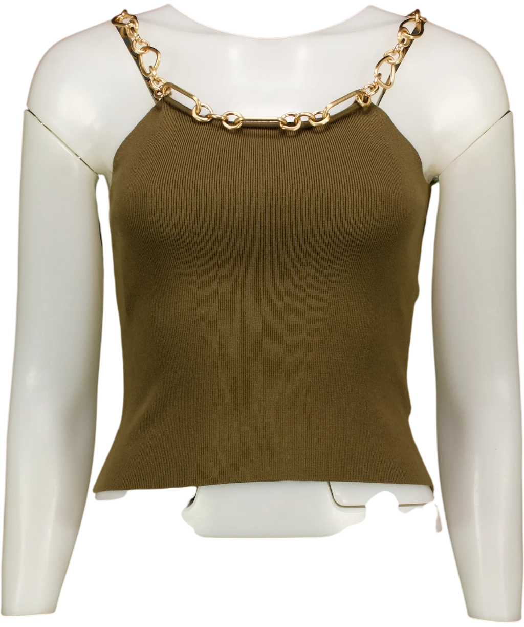 Cult Gaia olive green chain-accented knit top, size UK S — front