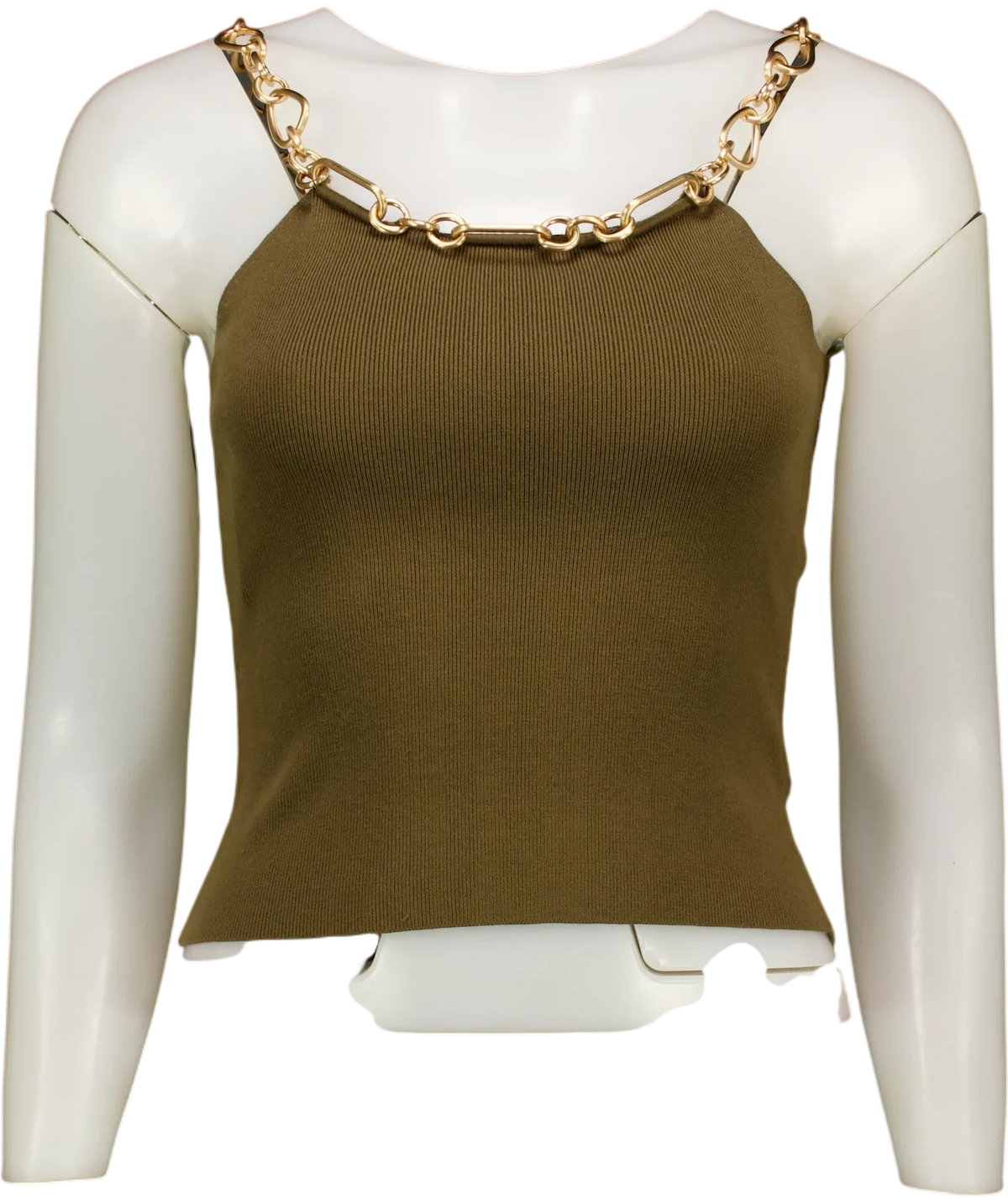 Cult Gaia olive green chain-accented knit top, size UK S — front