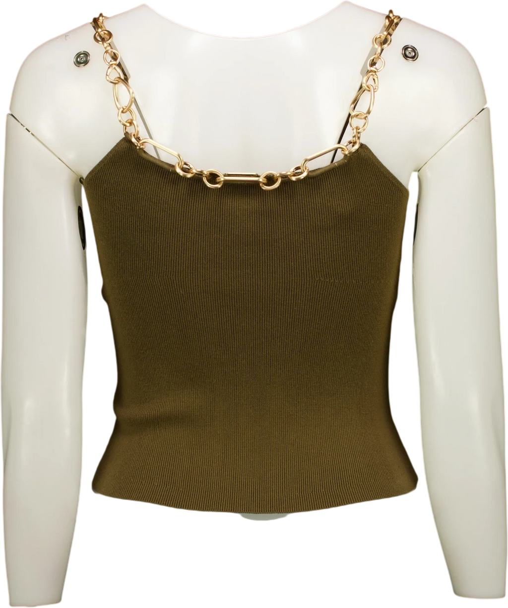 Cult Gaia olive green chain-accented knit top, size UK S — back