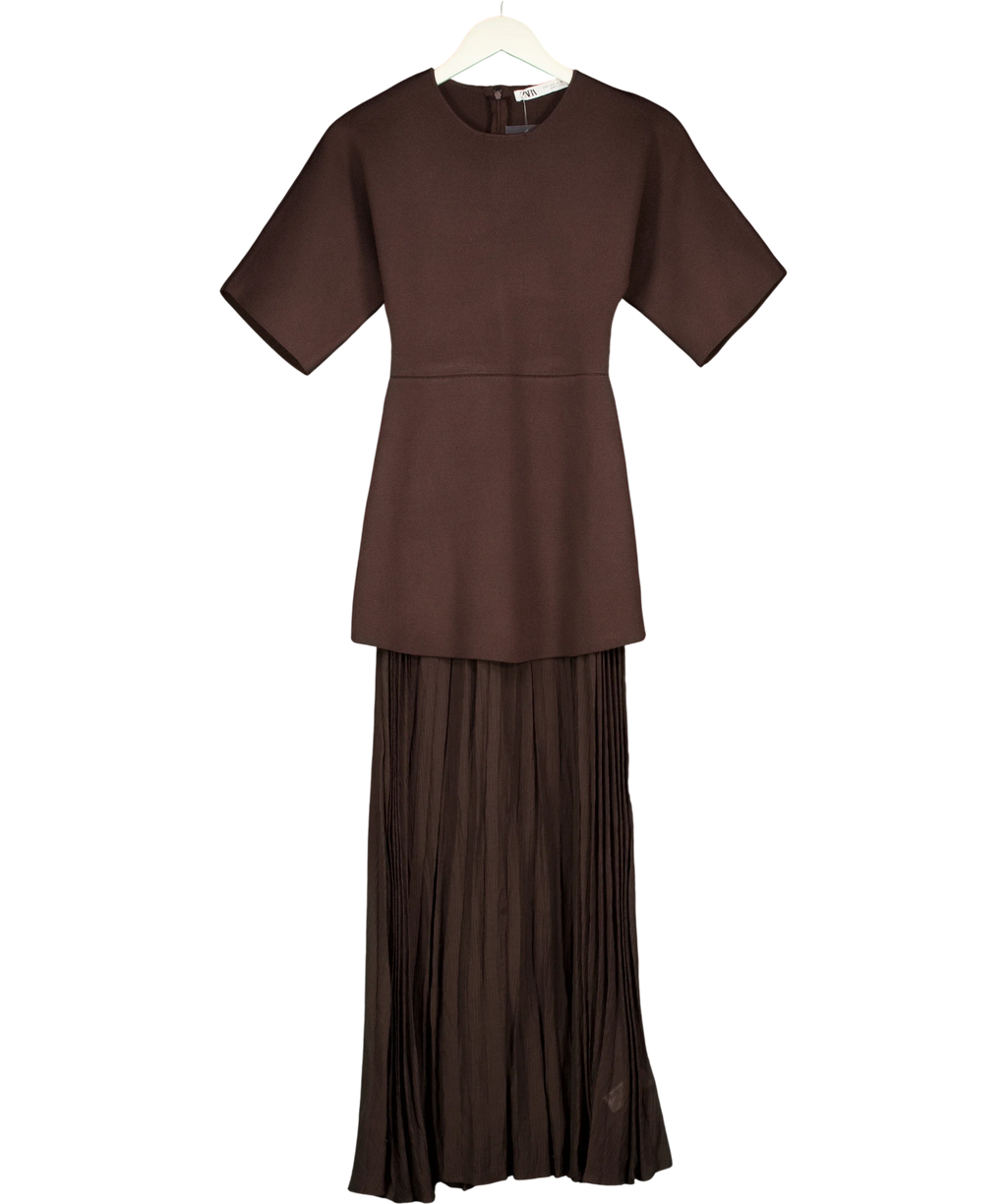 ZARA Brown Brown Knit Pleated Midi Dress, size UK S — front
