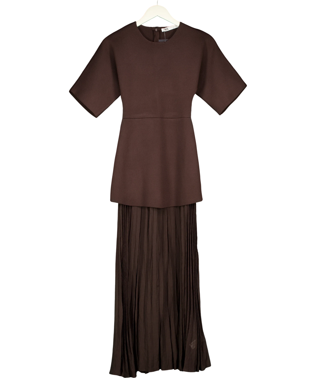 ZARA Brown Brown Knit Pleated Midi Dress, size UK S — front