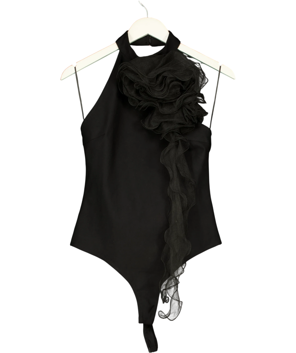 KAREN MILLEN Black Ponte Jersey Tulle Rosette Bodysuit, size UK L — front