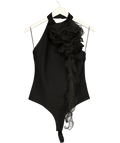 KAREN MILLEN Black Ponte Jersey Tulle Rosette Bodysuit, size UK L — front