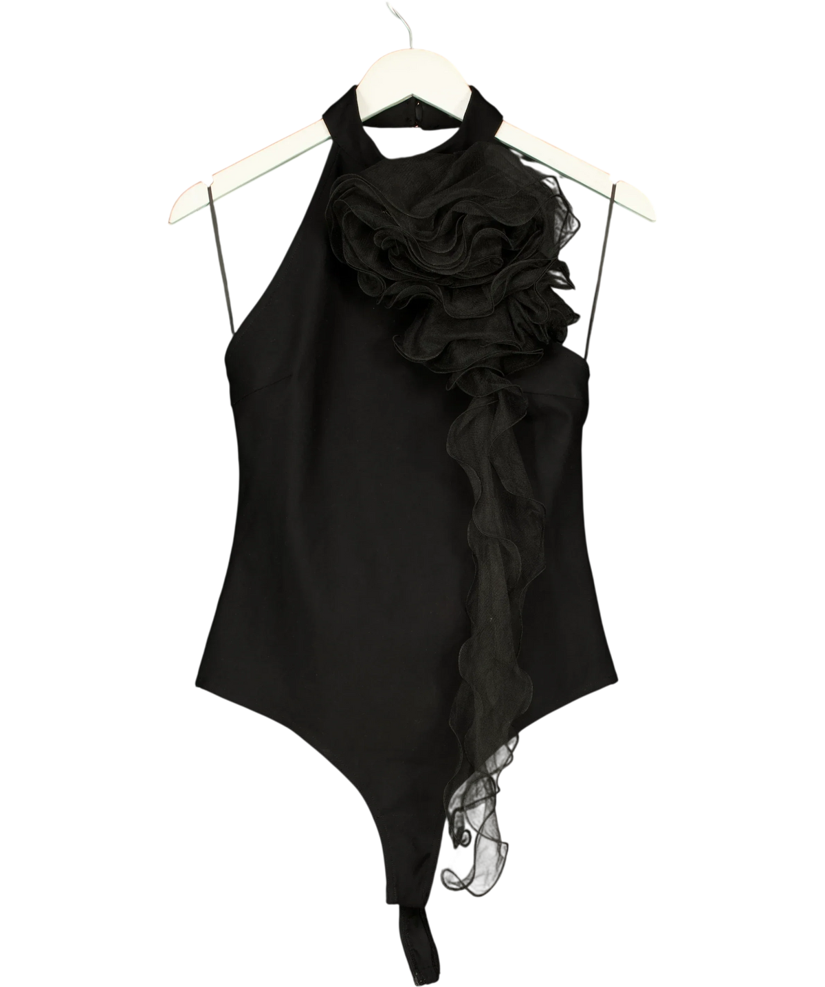 KAREN MILLEN Black Ponte Jersey Tulle Rosette Bodysuit, size UK L — front