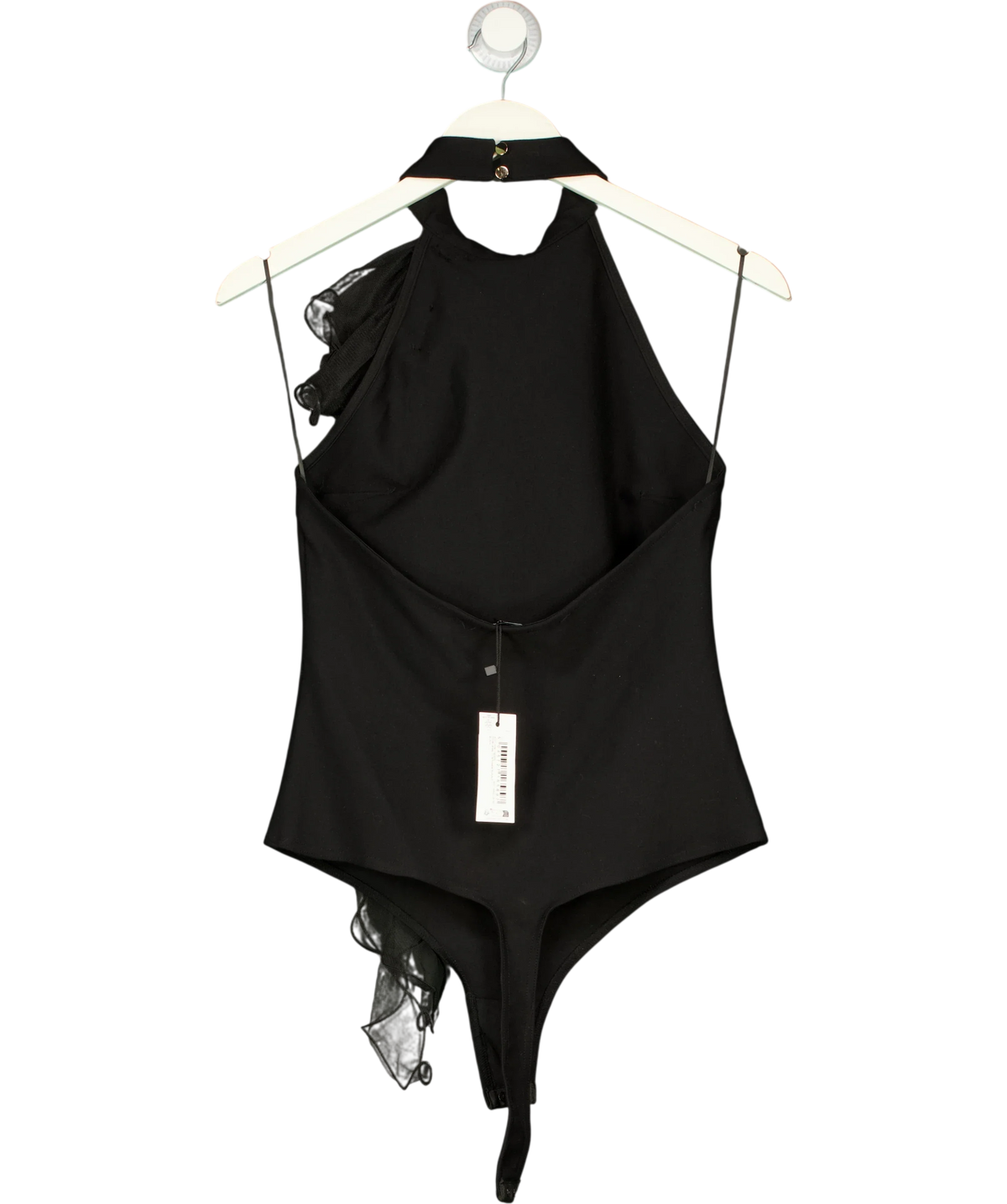 KAREN MILLEN Black Ponte Jersey Tulle Rosette Bodysuit, size UK L — back