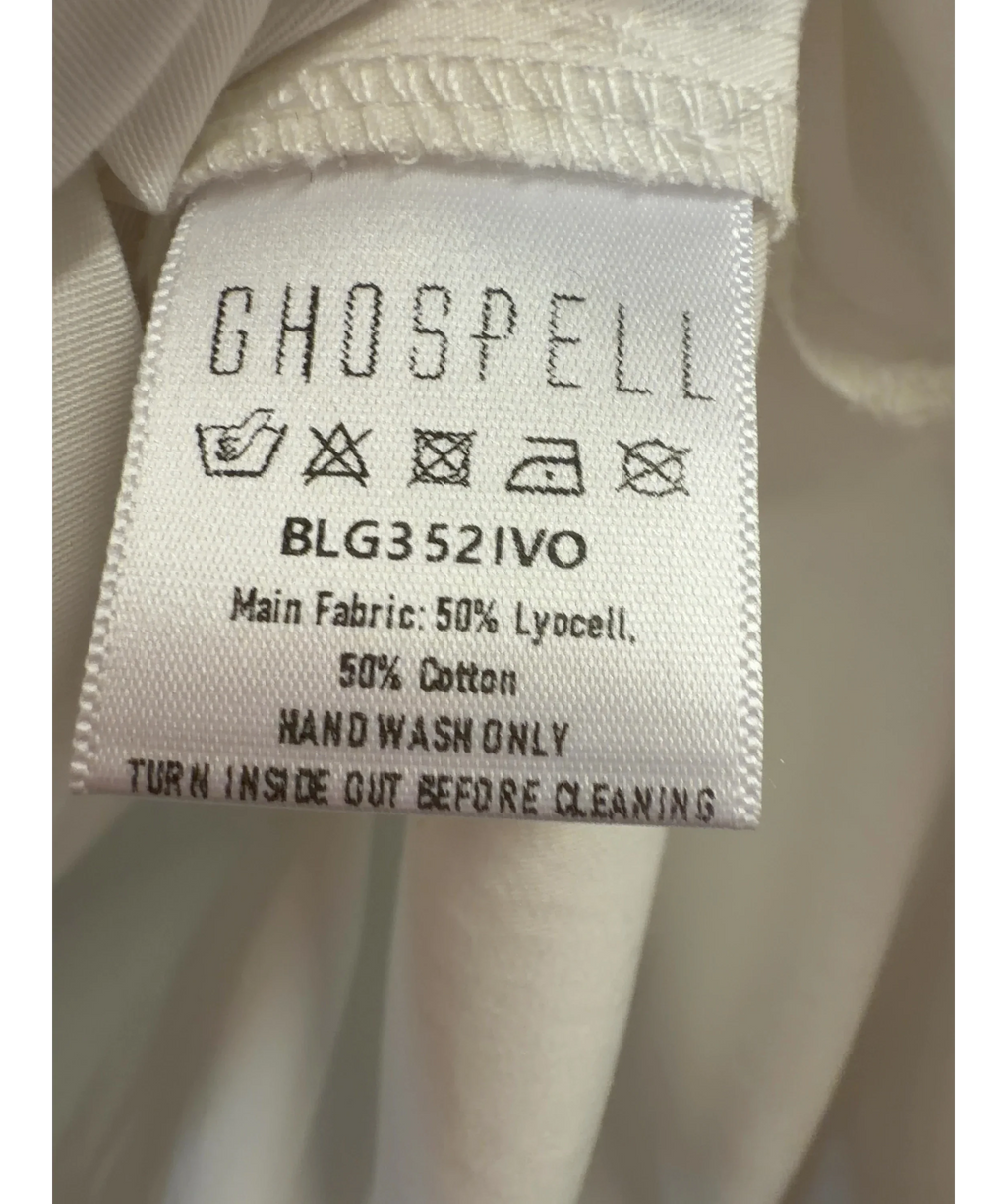 Ghospell White relaxed-fit white shirt with metal eyelets and rings along the collar, size UK M — label