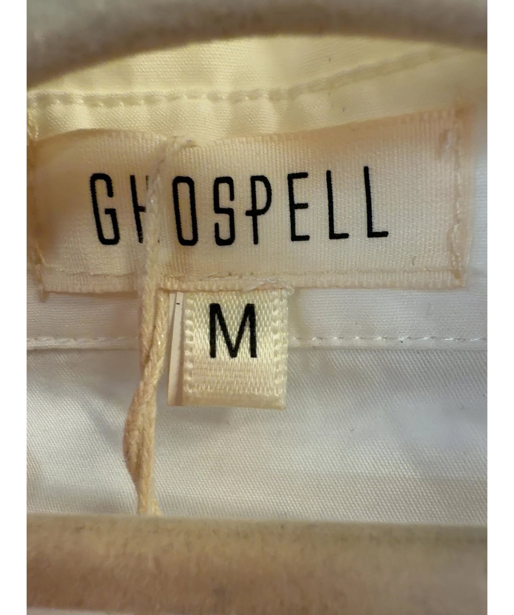Ghospell White relaxed-fit white shirt with metal eyelets and rings along the collar, size UK M — care label