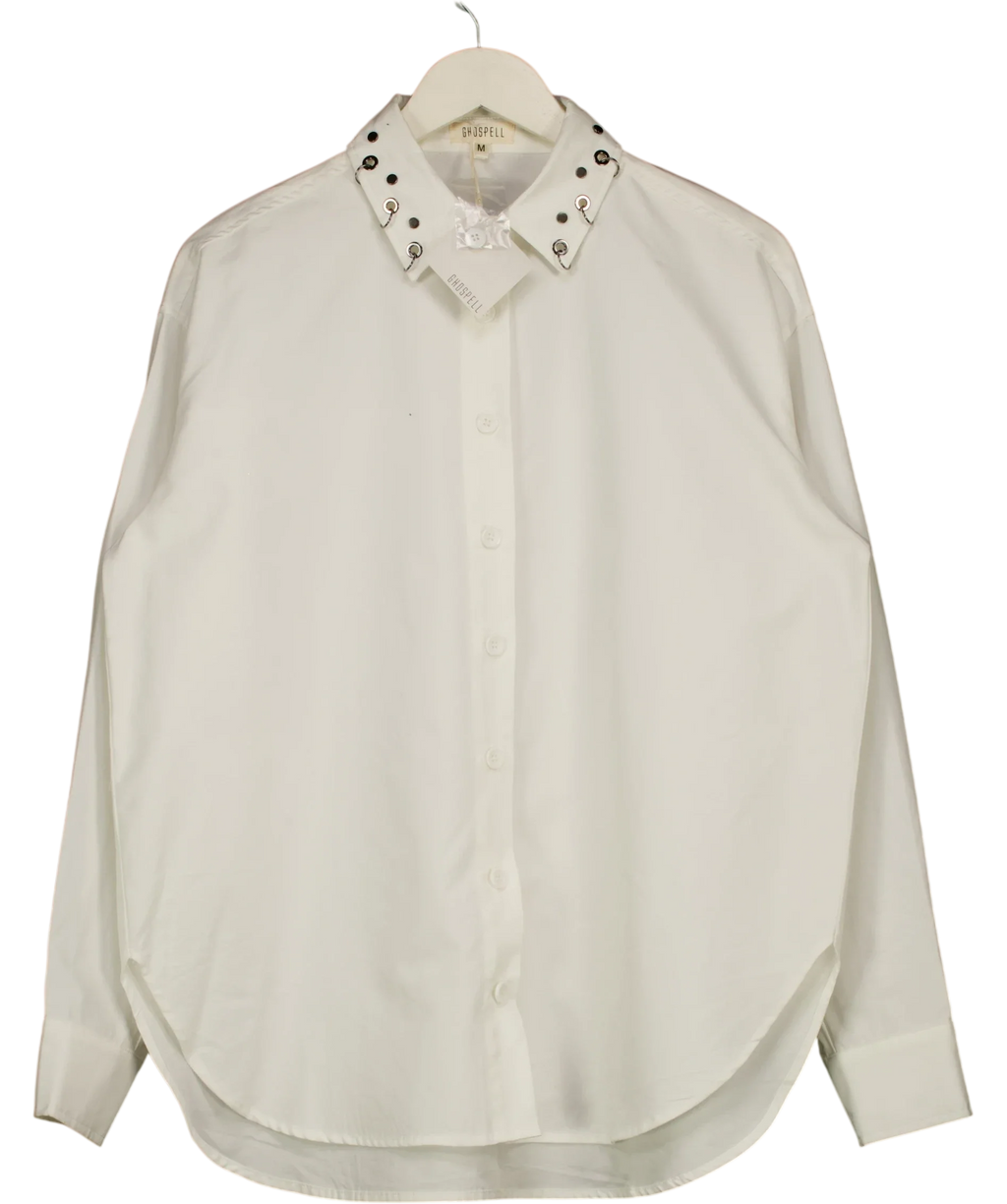 Ghospell White relaxed-fit white shirt with metal eyelets and rings along the collar, size UK M — front
