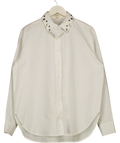 Ghospell White relaxed-fit white shirt with metal eyelets and rings along the collar, size UK M — front