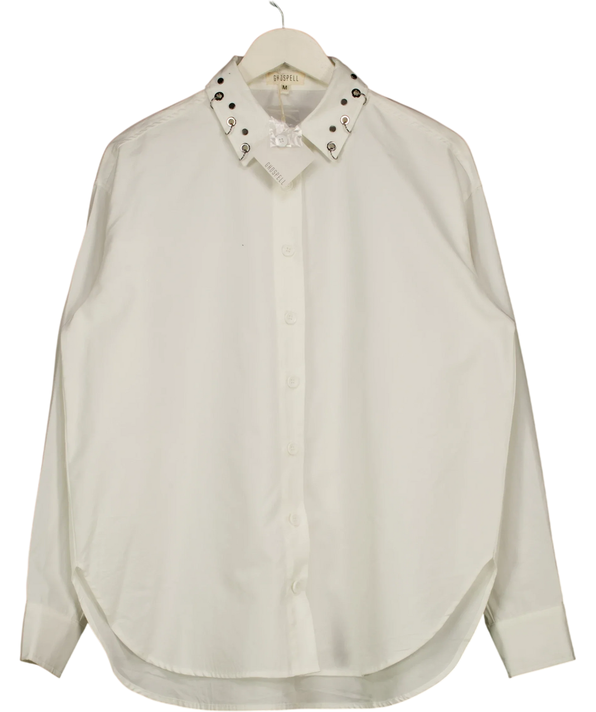 Ghospell White relaxed-fit white shirt with metal eyelets and rings along the collar, size UK M — front