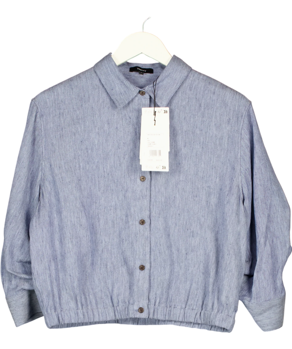 Theory Blue Cropped Shirt in Fluid Linen, size UK M — front