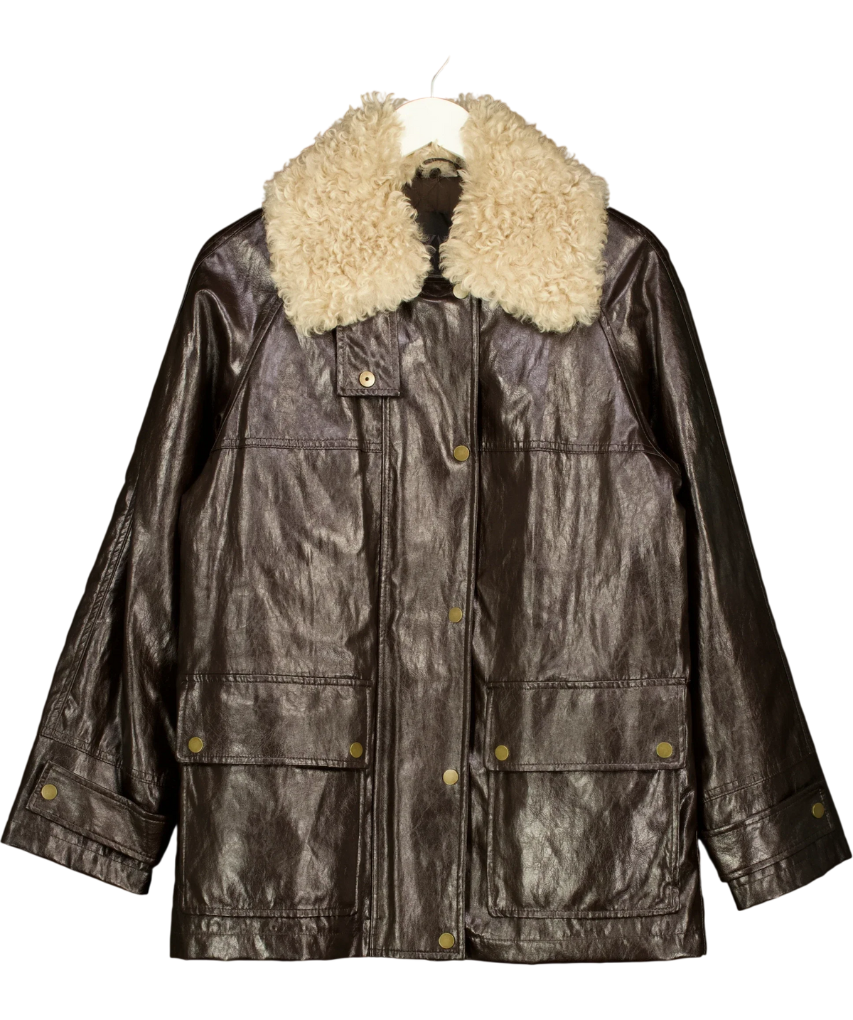 ZARA Brown ZW Collection Faux Fur Collar Jacket, size UK S — front