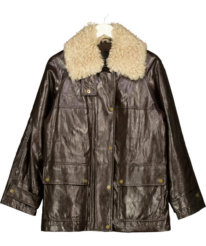 Zara ZW Collection Faux Fur Collar Jacket Brown Cream UK S