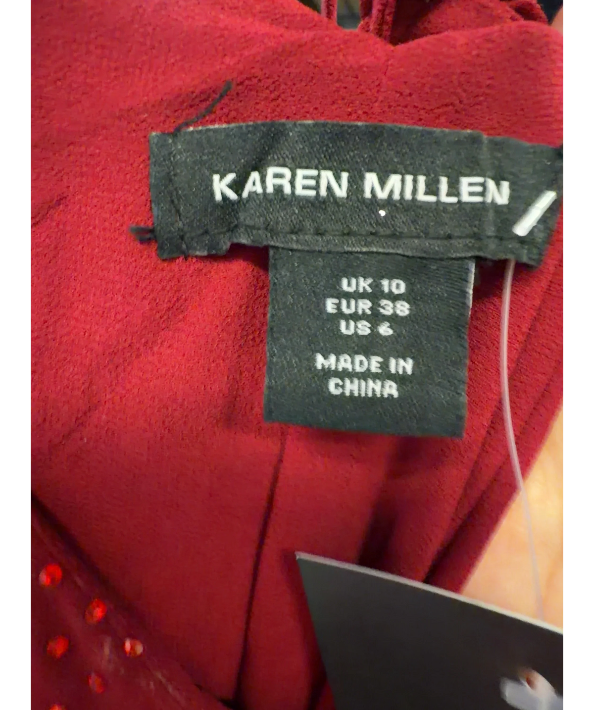 KAREN MILLEN Red embellished maxi slip dress, size UK 10 — detail
