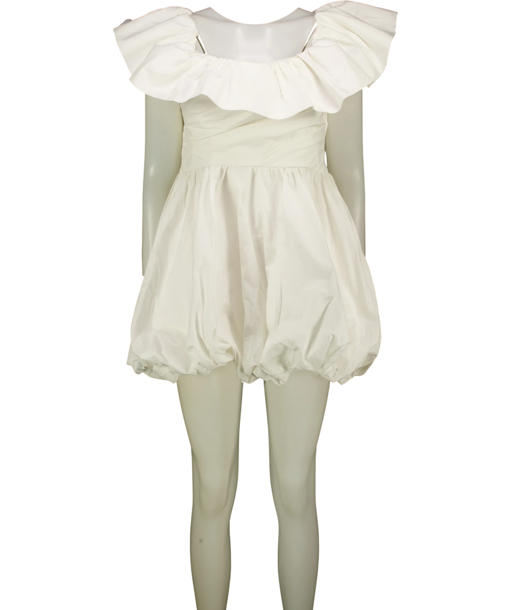 Shona Joy White Off-Shoulder Draped Bubble Mini Dress, size UK 12 — front