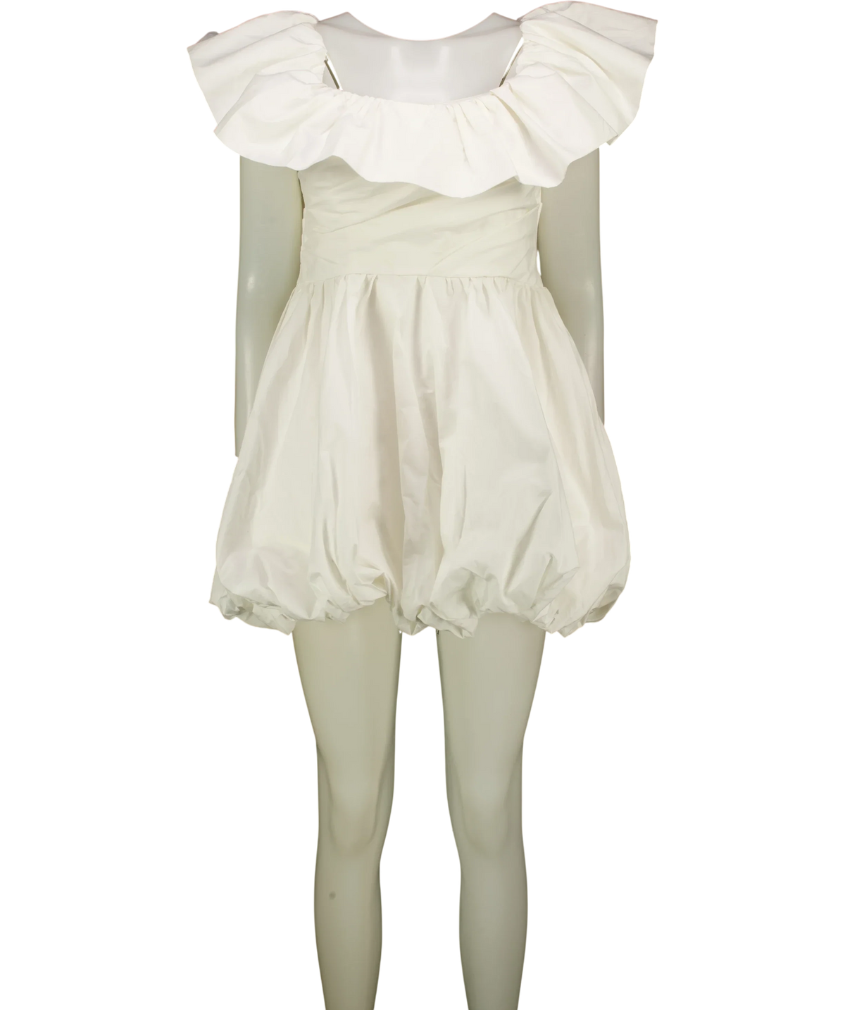 Shona Joy White Off-Shoulder Draped Bubble Mini Dress, size UK 12 — front