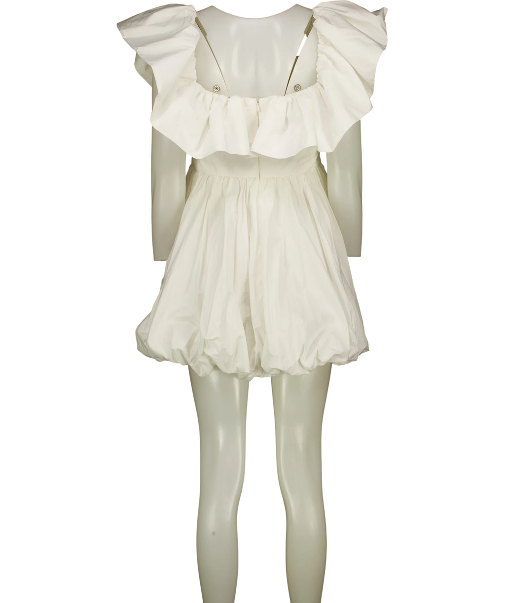 Shona Joy White Off-Shoulder Draped Bubble Mini Dress, size UK 12 — back