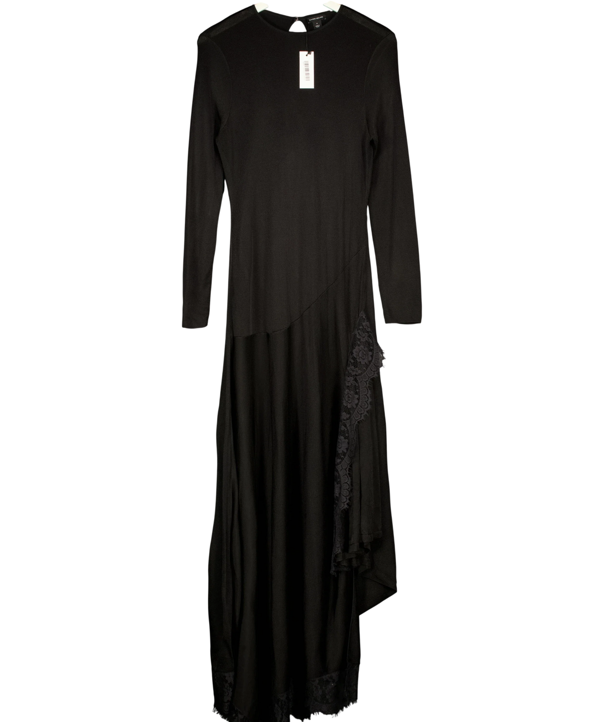KAREN MILLEN Black Viscose Blend Slinky Sheer Lace Detail Asymmetric Knit Maxi/Midi Dress, size UK M — front