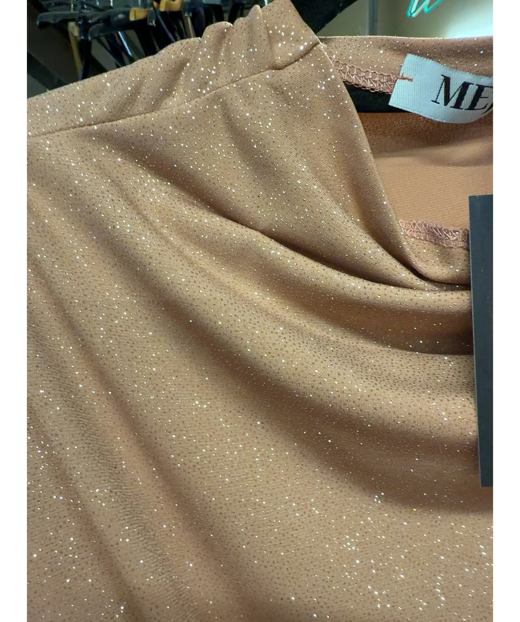 MEJI Nude shimmer midi dress, size UK S — care label