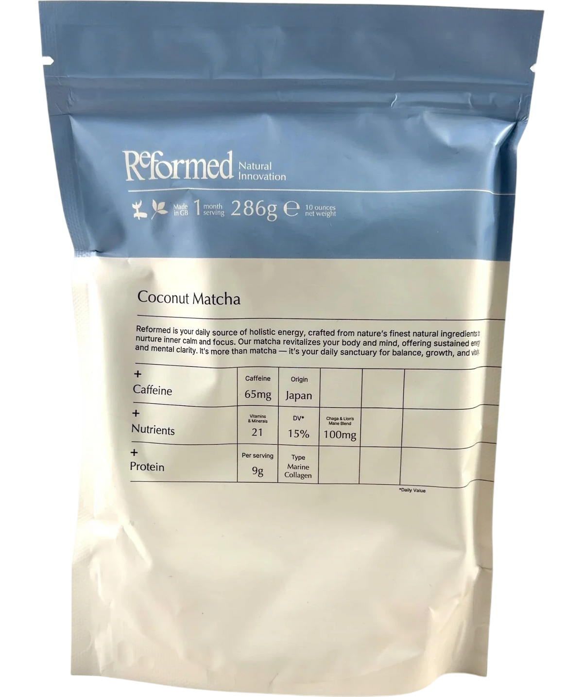 Reformed coconut matcha Coconut Matcha 286g supplement pouch, size 286g — front