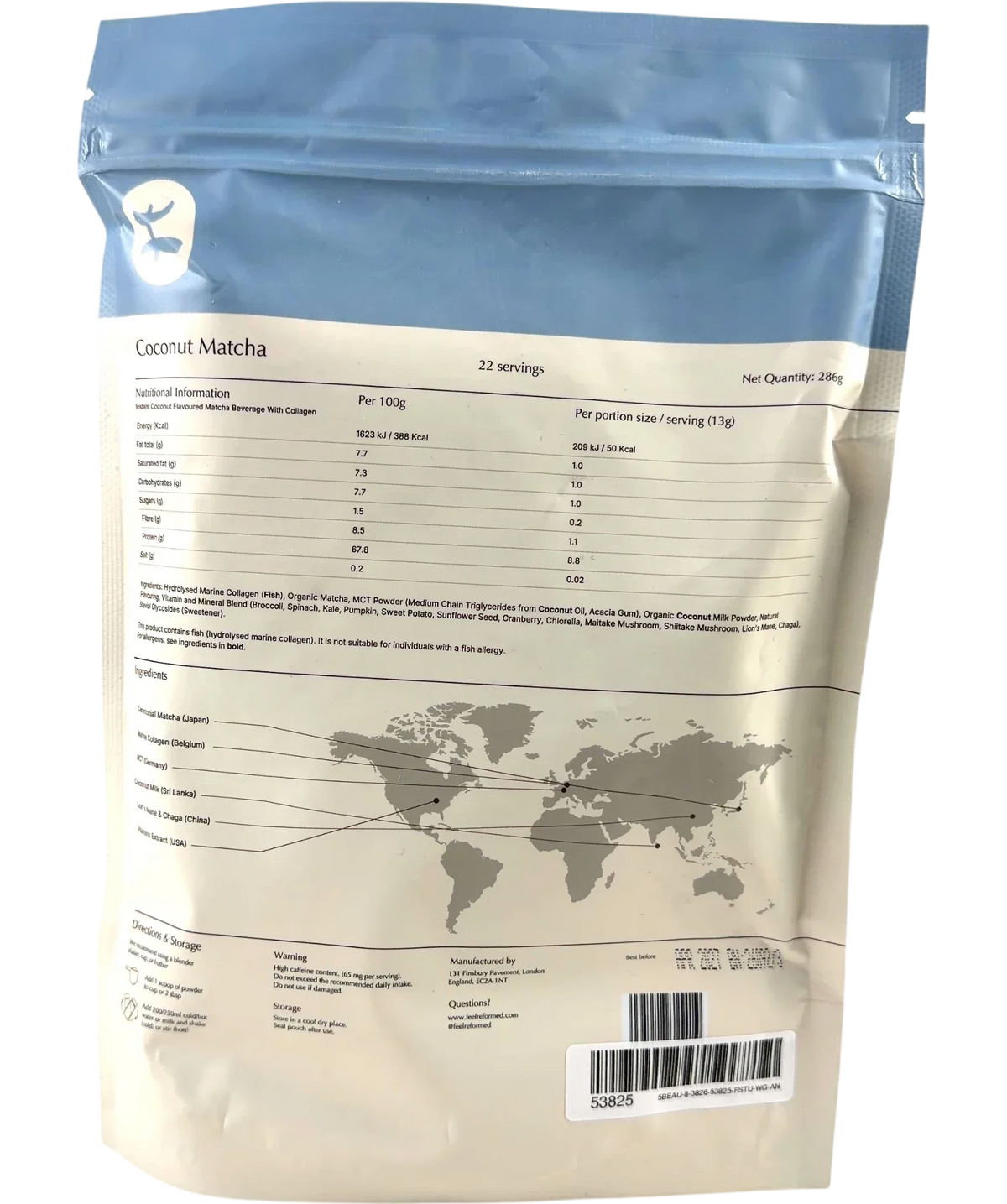 Reformed coconut matcha Coconut Matcha 286g supplement pouch, size 286g — back