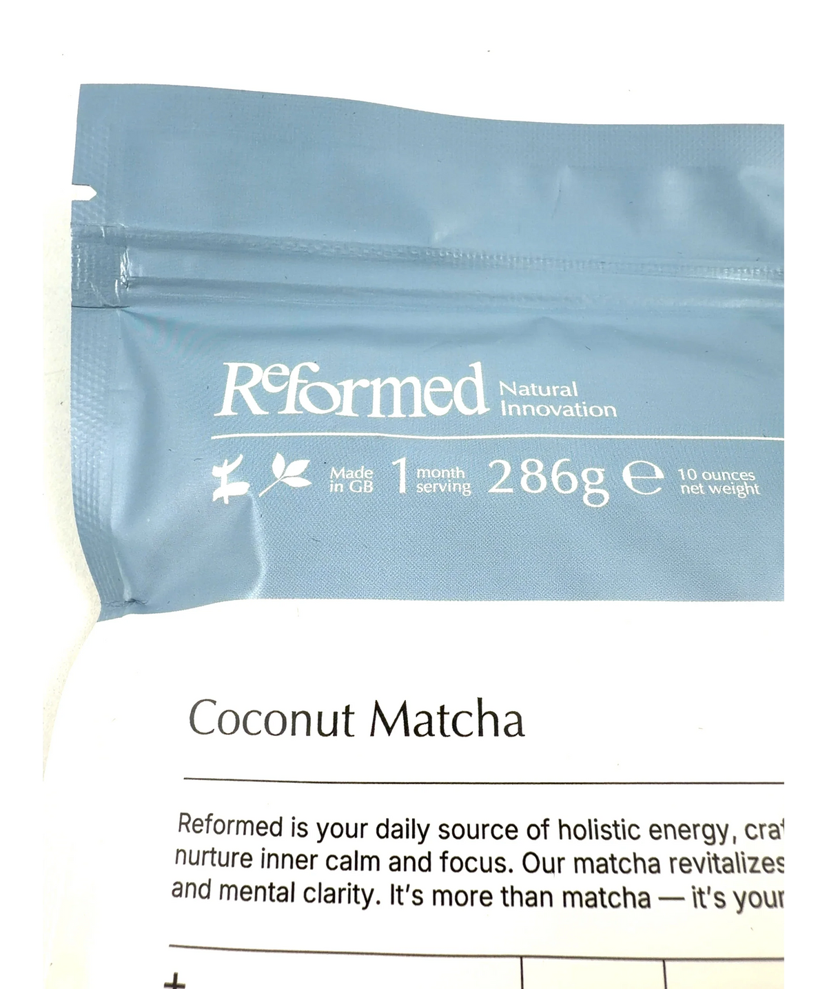 Reformed coconut matcha Coconut Matcha 286g supplement pouch, size 286g — label