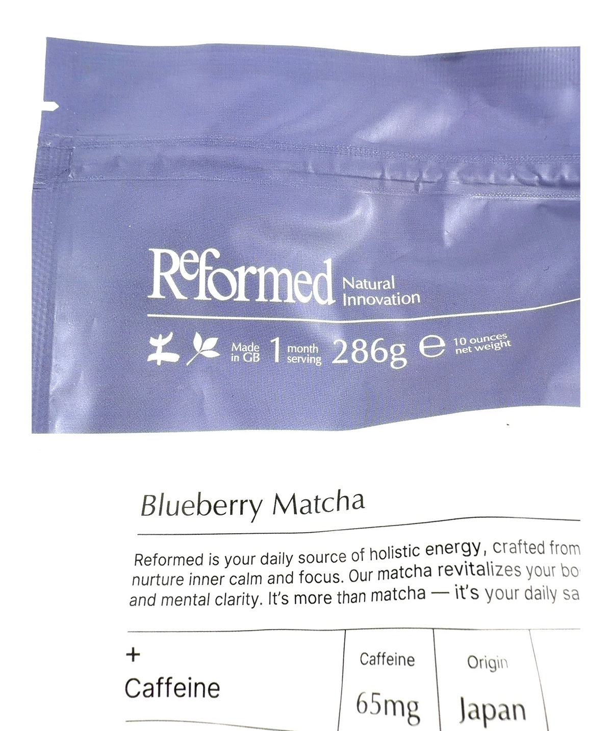 ReFormed blueberry macha Blueberry Matcha, size 286g — label