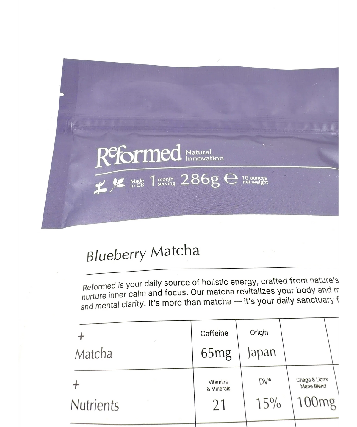Reformed blueberry matcha Blueberry Matcha, size 286g — label