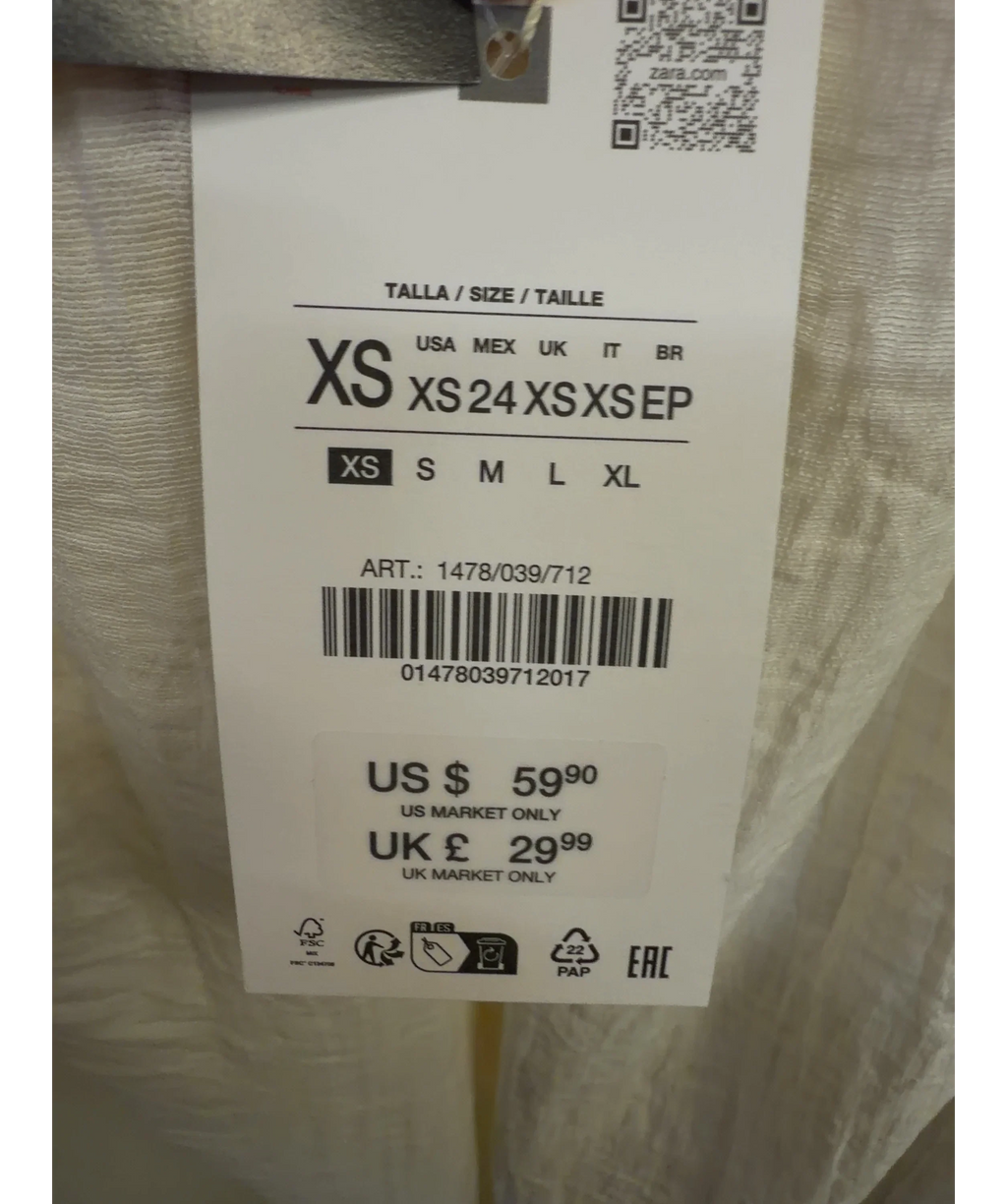 ZARA cream Wide-Leg Pleated Trousers, size UK XS — label