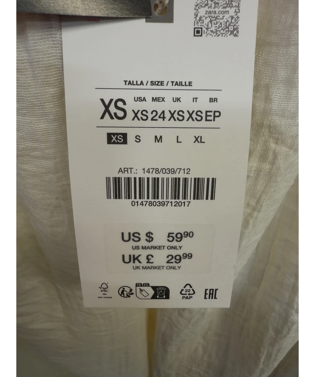 ZARA cream Wide-Leg Pleated Trousers, size UK XS — care label