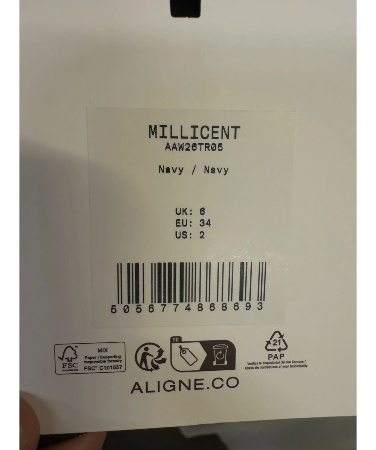 Aligne navy Millicent Satin Trouser, size UK 6 — care label