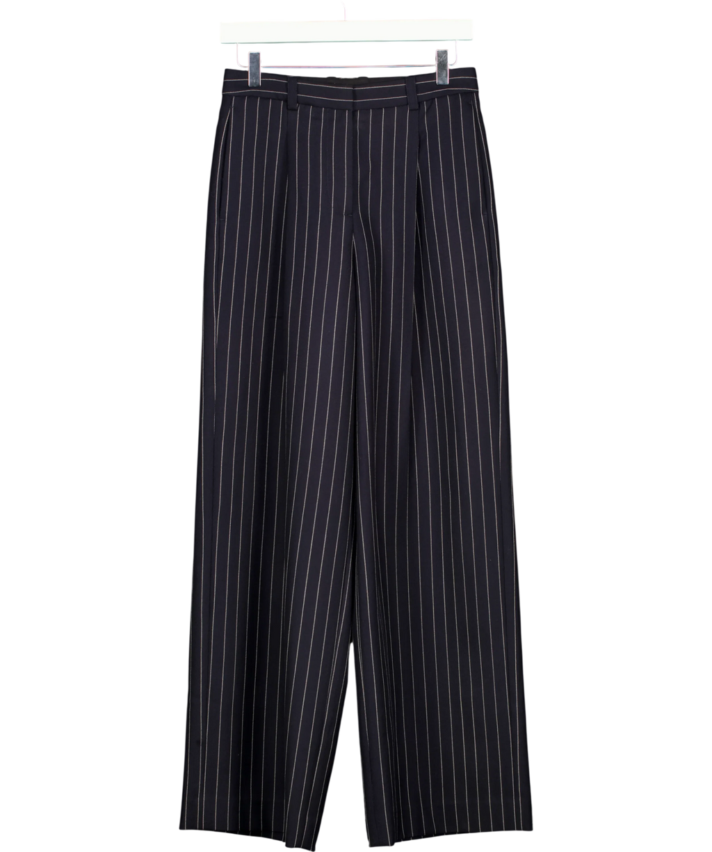 LILYSILK navy Wool-Blend Wide-Leg Stripe Pants, size UK 6 — front