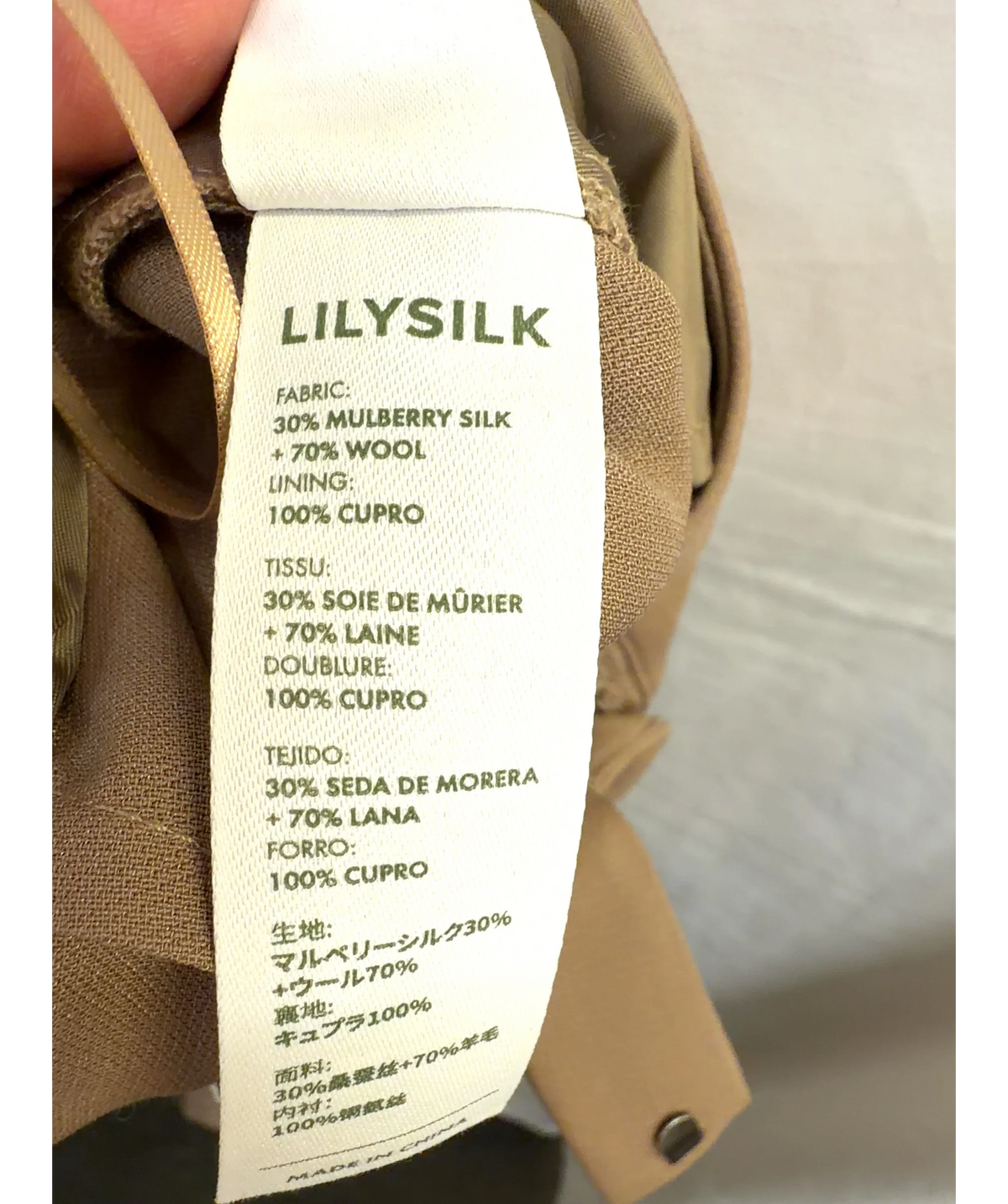 LILYSILK camel Silk-Wool Pleated Wide-Leg Trousers, size UK 6 — label