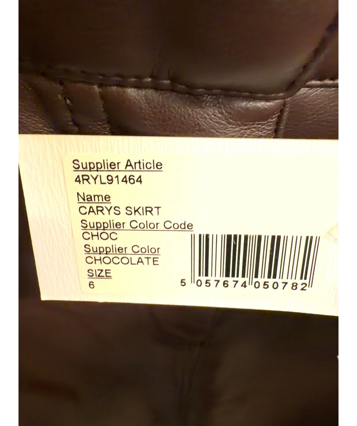 4th & Reckless Brown Chocolate Tailored PU Maxi Skirt, size UK 6 — care label