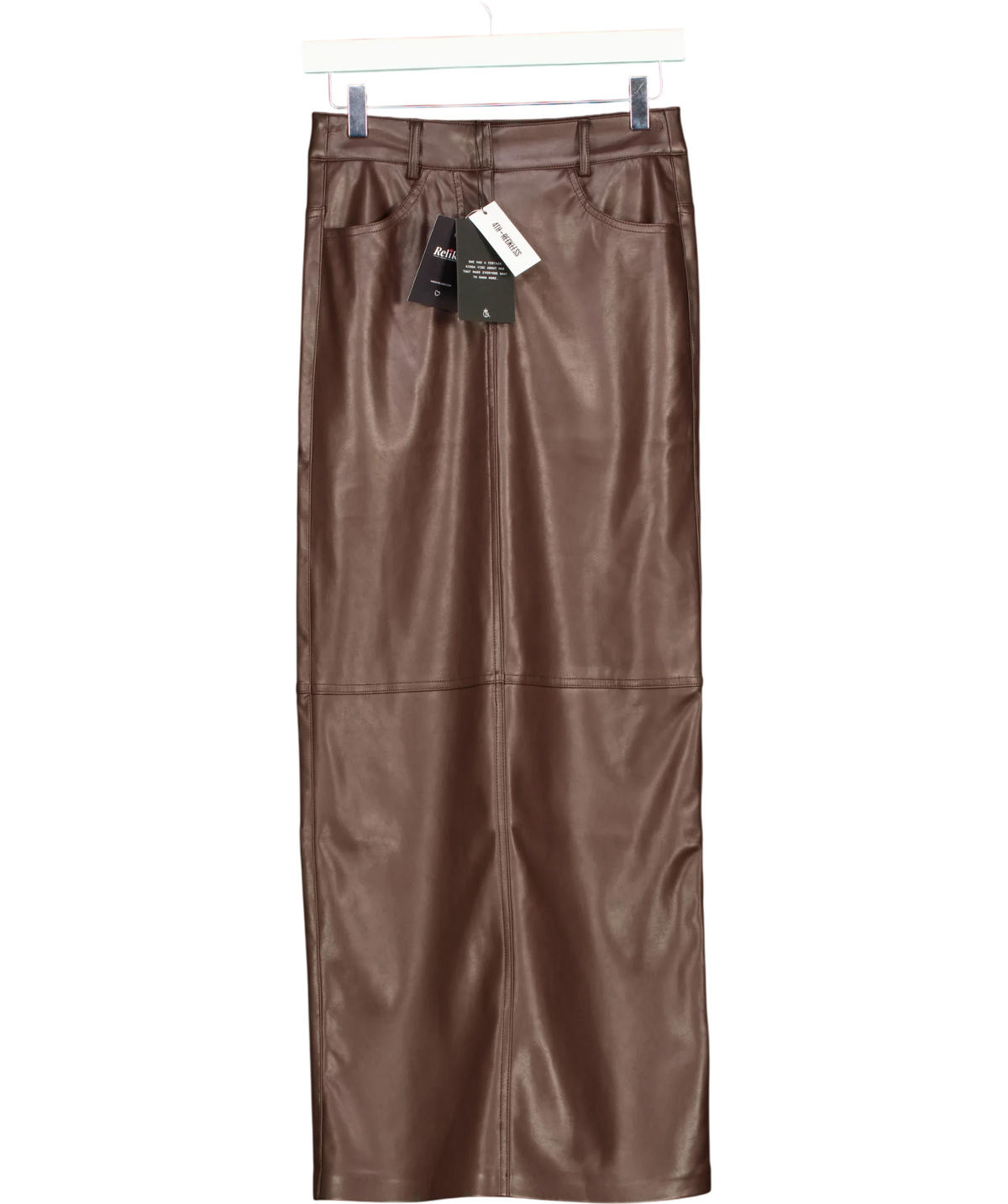 4th & Reckless Brown Chocolate Tailored PU Maxi Skirt, size UK 6 — front