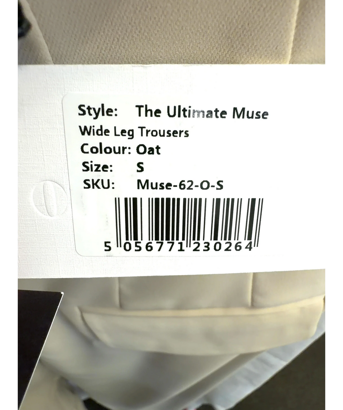 ODD MUSE Beige The Ultimate Muse Wide Leg Trousers, size UK S — label