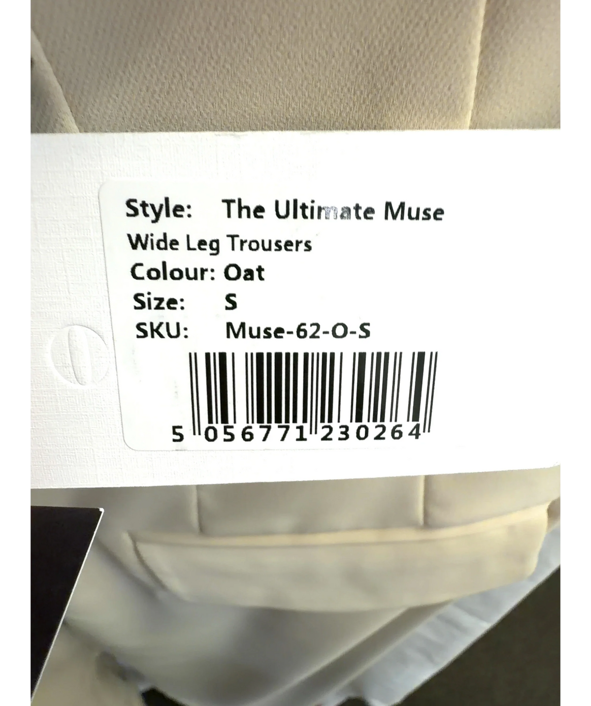 ODD MUSE Beige The Ultimate Muse Wide Leg Trousers, size UK S — care label