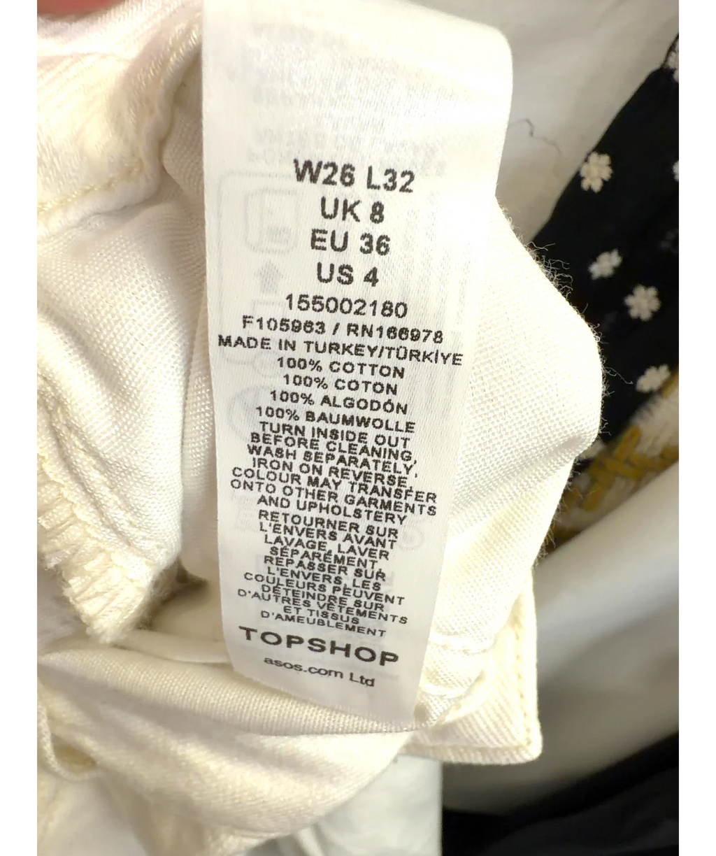TOPSHOP White Low Rise Wide Leg Jeans, size UK 8 — care label